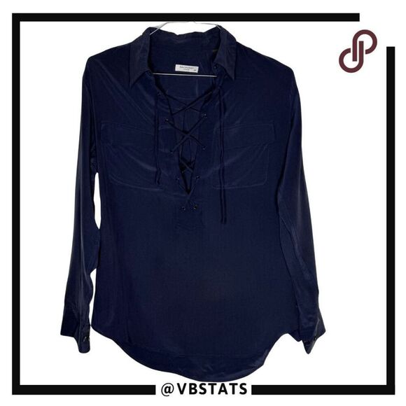 Equipment Femme Women's Long Sleeve Silk Knox Lace Up Tie Blouse Navy Blue Small - Picture 1 of 5
